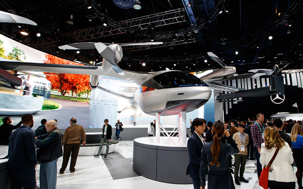 Hyundai Motor Co. exhibits S-A1, a prototype of a flying car designed for Uber, at Consumer Electronics Show (CES) 2020 in Las Vegas. PHOTOGRAGH: Han Heejae/WIRED Korea